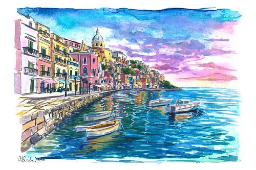 Gemälde des Hafens von Procida mit bunten Häusern und dem Mittelmeer
