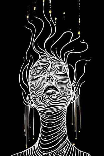 line drawing of woman's face in lines and dots