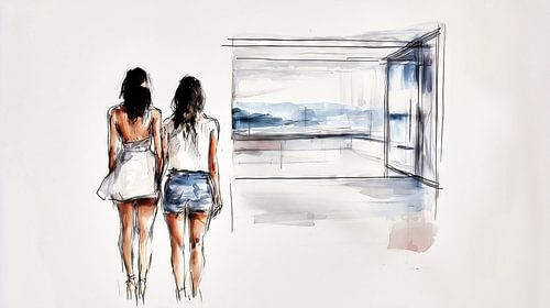 Women look at a picture of a modern house