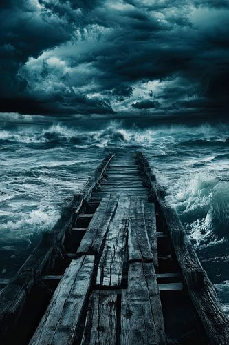 Donkere loopbrug over stormachtige zeeën