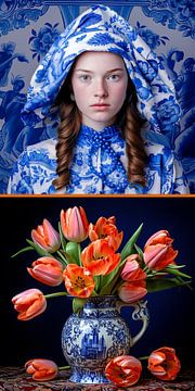 Delfts blauwe tulpen vaas en meisjes portret van Vlindertuin Art