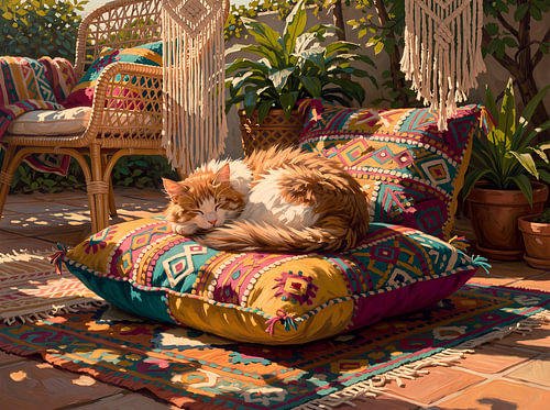Un chat roux sur un coussin coloré dans le patio sur ¡ guay !