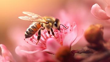 Une abeille dans un décor de conte de fées avec des fleurs roses et un léger effet de flou