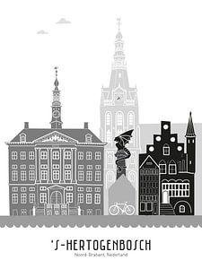 Illustration de la ville de Den Bosch en noir et blanc-gris sur Mevrouw Emmer