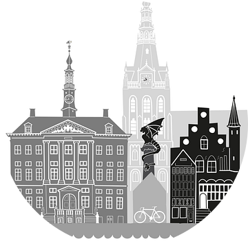 Skyline illustratie stad Den Bosch zwart-wit-grijs van Mevrouw Emmer
