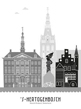 Skyline illustratie stad Den Bosch zwart-wit-grijs van Mevrouw Emmer