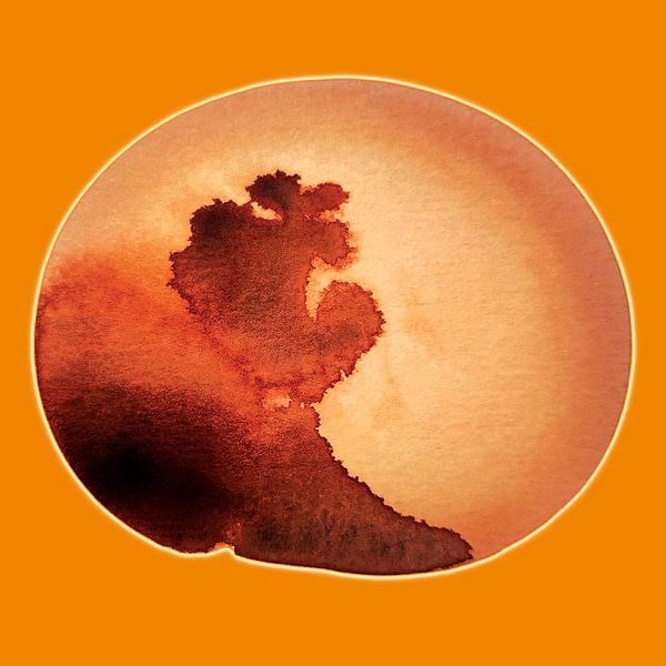 TANGERINE GLOW AQUA EMBER 994 -Circular Watercolour Print in Orange and Copper with Landscape Depth by Saskia Mensink PRINTS