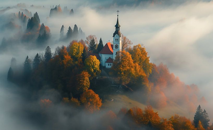 Kapel in een mystiek herfstlandschap van fernlichtsicht