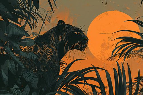 Panter in jungle bij zonsondergang schilderij