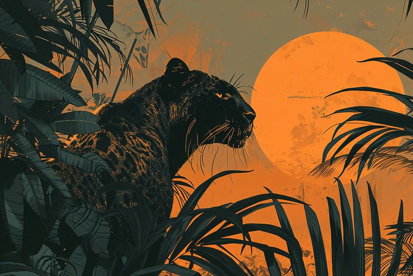 Panter in jungle bij zonsondergang schilderij van Art & Soul Creations
