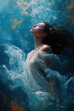 Underwater portrait of a female model in the water by Digitale Schilderijen