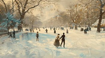 Snow-covered park in old town with people skating (KI)