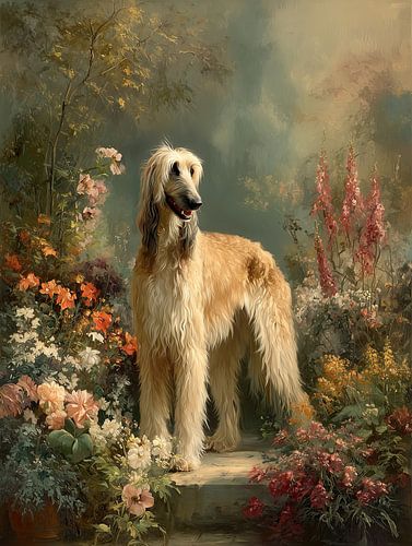 Afghaanse windhond in de tuin van een landhuis