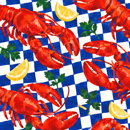 Kreeften op blauw geruit stof
