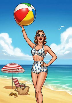 Femme avec ballon de plage sur la plage Illustration sur Markus Gann