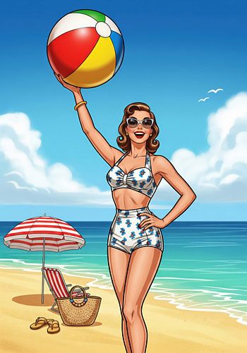 Vrouw met strandbal op strandillustratie