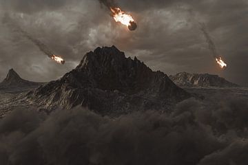 leuchtende Feuerkugel fallen auf dystopische Landschaft von Besa Art