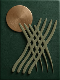 Mid-Century Modern abstracte wanddecoratie in Japandi stijl, met goud en leer van STUDIO ARTSY