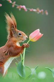 Squirrel with pink tulip against a green background by Poster Art Shop