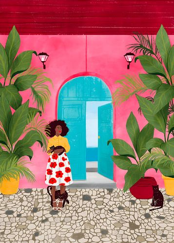 Vibrant Illustration of a Woman with Cats by a Tropical Blue Door