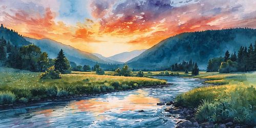 Zonsondergang over rivierdal