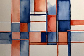 Blue and red abstract art in watercolour by De Muurdecoratie