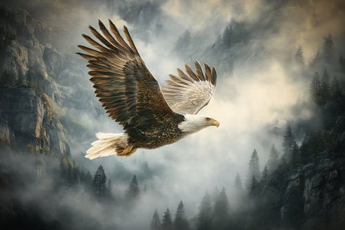 Eagle Freedom Above Misty Mountains - Majestic Scene by Beeld Creaties Ed Steenhoek | Photography and Artificial Images