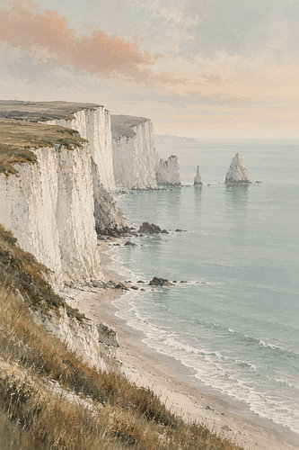 Coastal Solitude: White Cliffs and Distant Sea Stacks