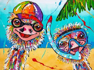 Vrolijke struisvogels stranddag van Happy Paintings