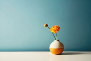 Minimalistisches Stillleben - Blume in Vase auf blauem Hintergrund
