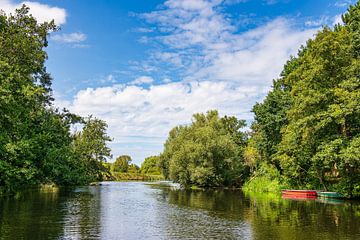 Uitzicht over de Warnow met boten bij de stad Schwaan van Rico Ködder