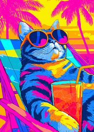 Kleurrijke kat met zonnebril op het strand