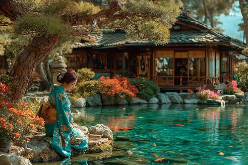 picturesque Japan geisha's in garden