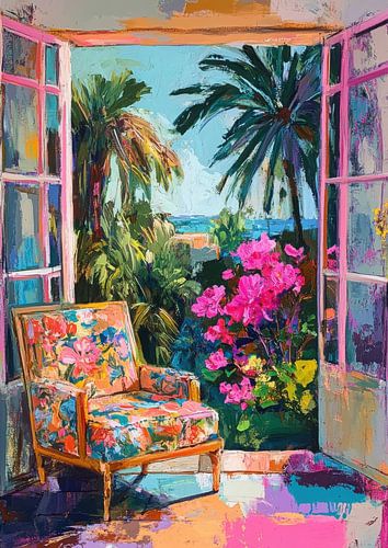 Window view of the Mediterranean with armchair