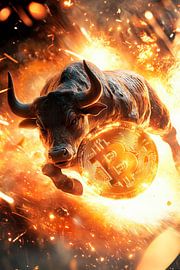 Stier met Bitcoin in de strijd - Energiek van Poster Art Shop