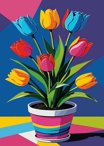 Tulpen in een kleurrijke pot