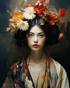 Digitales Kunstporträt "Blumenmädchen im Kimono" von Carla Van Iersel
