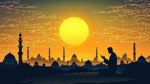 Biddende man voor zonsondergang