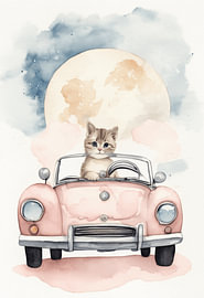 Katje in Roze Vintage Auto – Roadtrip van Stefan Vermeer
