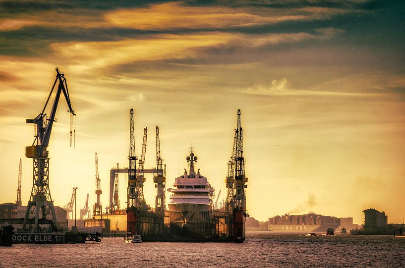 Dry dock and ship in the port of Hamburg at sunset by Dieter Walther