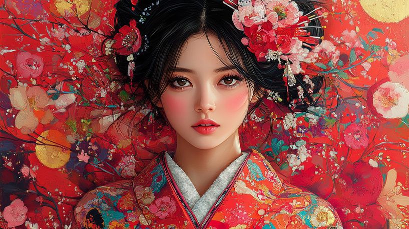 Japanische Frau im roten Kimono von Lufy