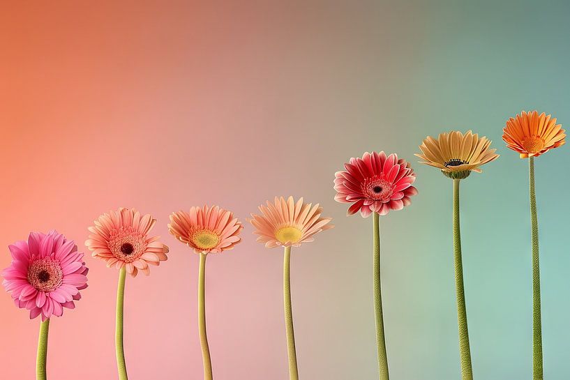 Gerbera line - Colourful flowers in a row by Poster Art Shop
