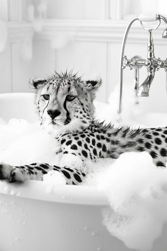 Serene cheetah in bad - Een grappige badkamerfoto voor je toilet