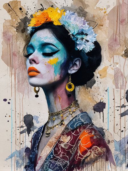 A woman with a striking, colourful face by Ljupka Kareska