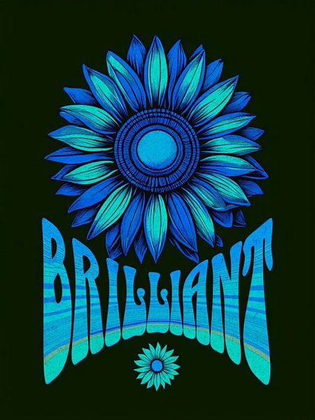 Brillante blaue Sonnenblume Psychedelic Retro Kunstdruck von Artistic