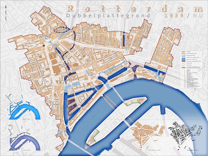 Dubbelplattegrond Rotterdam 1939/NU - versie zonder namen van Frans Blok - foto's, kunst en andere wanddecoratie