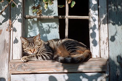 Tabby kat in houten raam