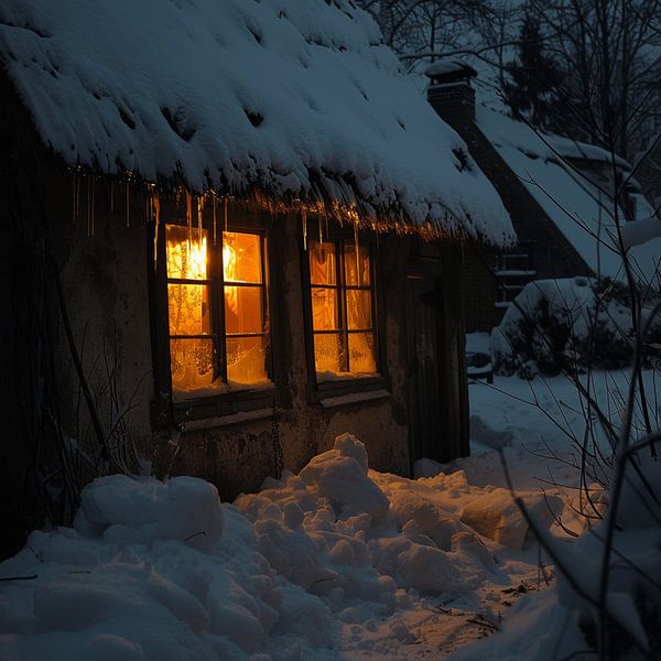 Winter sneeuw hut bos schemering raam gezelligheid van gm_designs