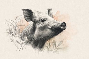 Wild Boar in Pencil and Watercolour Forest Character in Picture by Eva Lee