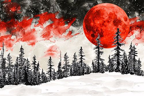 Surrealistisch winterlandschap met rode maan